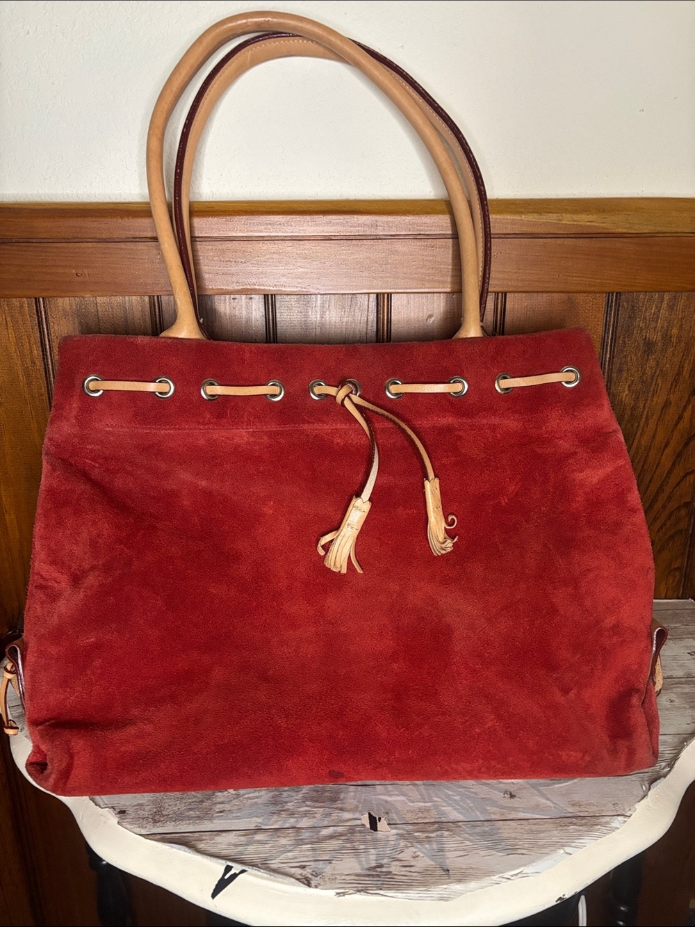 Dooney & Bourke Red Suede Tote with Tan Handles